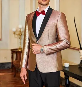 Detailed view of men's metallic tuxedo blazer with black shawl lapel for formal evening events.