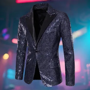 Mens Shiny Sequin Blazer Dark Blue Single Button Suit Jacket for Party Nightclub Stage Wear