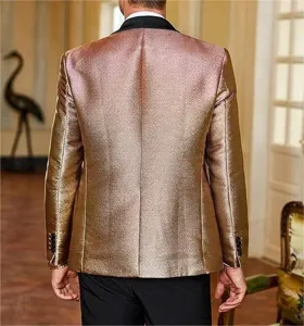 Men metallic rose gold dinner jacket shawl lapel party wedding suit blazer back view detail