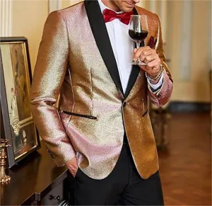 Detailed view of men shimmering sequin tuxedo blazer, shawl lapel party wedding suit jacket.