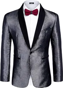 Men's shiny glitter tuxedo blazer with black shawl lapel for party wedding prom events.