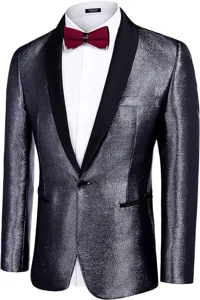 Detail view of the sparkly mens tuxedo jacket with black shawl lapel and bow tie.