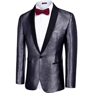 Men's shiny tuxedo jacket slim fit metallic party wedding blazer with shawl lapel