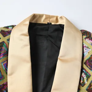 Detail shot of men's sequin blazer with gold satin shawl lapel and colorful geometric pattern.