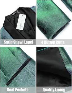 Men's shiny green tuxedo jacket detail shot featuring satin shawl lapel and real pockets.