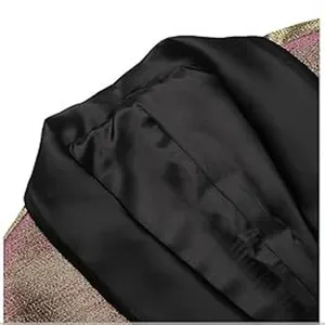 Men tuxedo jacket inner lining detail, black satin collar and metallic fabric trim close-up.