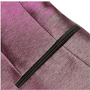 Men's tuxedo jacket suit detail shot, premium purple metallic fabric with sleek black trim accent.
