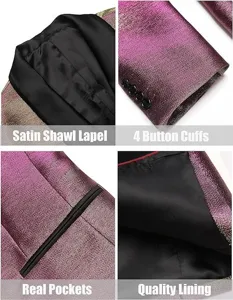 Men's metallic shimmer tuxedo jacket detail view showcasing satin lapel and button cuffs for party.