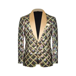 Men's Sequin Blazer Shiny Square Pattern Shawl Lapel Single Button Party Suit Jacket