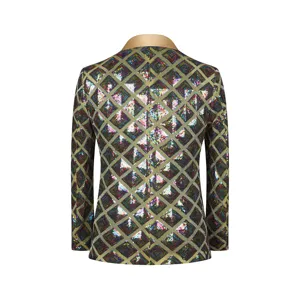 Men sequin casual blazer jacket back view with 3D diamond pattern and gold collar design.