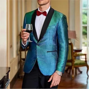 Men's metallic sequin tuxedo jacket with black shawl lapel for party wedding prom wear.