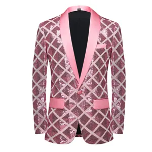 Men pink sequin blazer detail view, diamond lattice pattern with satin shawl lapel.