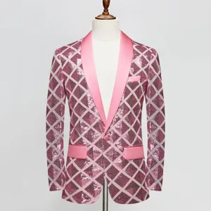 Close-up of pink sequin suit jacket detail, featuring stylish satin shawl lapels and grid pattern.