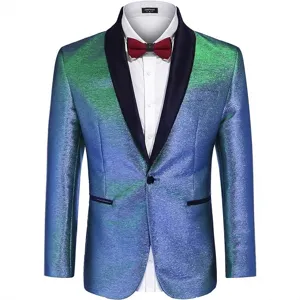 Men's shiny gradient blue green tuxedo jacket party prom wedding dinner suit blazer