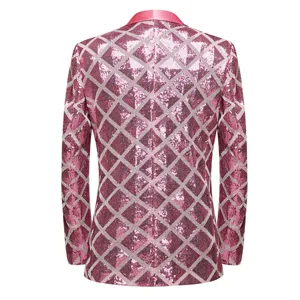 Men pink sequin blazer back view detail, sparkly rhinestone grid pattern jacket showcase.