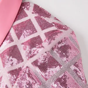 Men's shiny sequin suit jacket fabric detail in pink and silver 3D square pattern design.