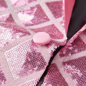 Men sparkle sequin blazer jacket detail view, pink checkered fashion dance suit top