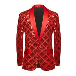 Red sequin men blazer jacket shawl lapel one button diamond pattern party stage wear