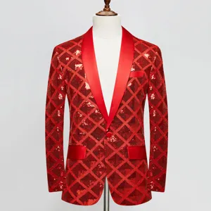 Detailed view of red sequin blazer featuring diamond lattice pattern and satin shawl lapel.
