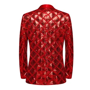 Detailed back view of men red sequin blazer jacket, diamond pattern and satin lapel design.