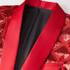 Close-up detail of the red sequin men blazer featuring satin shawl lapel and texture fabric.