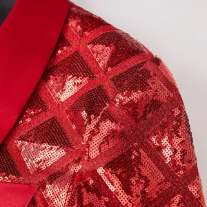 Close up of red sequin blazer jacket detail, showing sparkling square pattern texture.