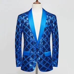Close-up of blue sequin blazer with diamond grid pattern and smooth satin lapel detail.