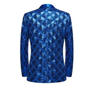 Men's blue geometric sequin blazer back view, stylish casual dance party suit jacket.