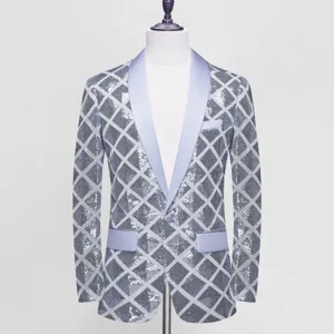 Men's stylish sequin blazer jacket featuring a diamond grid pattern and satin lapel.