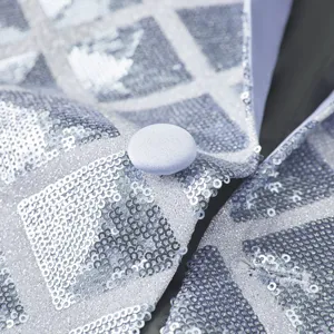 Men silver sequin suit jacket detail close-up, 3D square pattern fashion party blazer