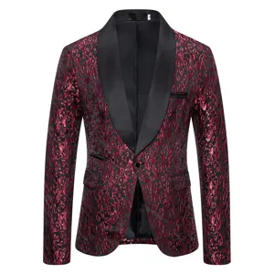 Men's fashion jacquard blazer detail, elegant black shawl lapel, luxury red pattern fabric.