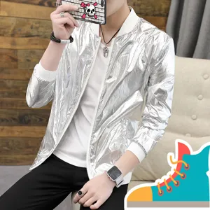 Veste bomber amicale décontractée brillante métallique pour homme streetwear de printemps.