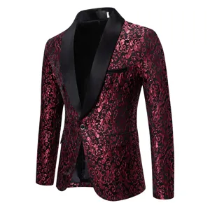 Detailed view of the luxury red and black jacquard men's blazer with black shawl lapel.