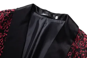 Men's jacquard blazer detail view, floral pattern with satin shawl lapel, black red.