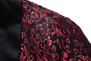 Men's autumn winter jacquard suit jacket detail view, elegant black red floral pattern fabric.