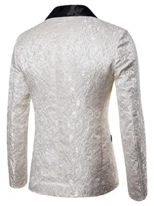 Back detail of men off-white floral jacquard blazer jacket with black shawl lapel design.