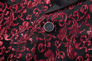Men fashion jacquard formal suit jacket detail shot, classic black and red pattern design.