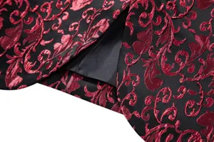 Men's fashion jacquard suit jacket detail view, premium vintage floral pattern blazer fabric.