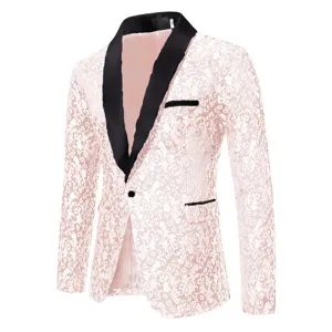 Men's fashion jacquard blazer with black shawl lapel, stylish formal suit jacket for autumn.