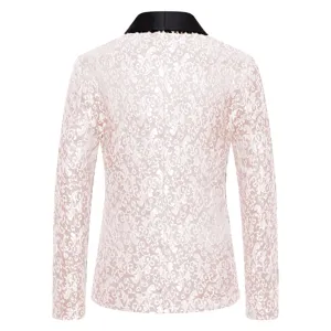 Detailed view of men's pink floral jacquard blazer back, featuring a black shawl lapel.