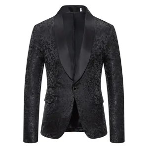 Black jacquard men blazer detail featuring elegant satin shawl lapel and stylish texture pattern.