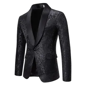 Men Black Floral Jacquard Shawl Lapel Single Button Blazer Jacket Stylish Formal Outerwear