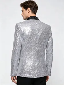 Men's silver sequin blazer jacket party dance casual sparkling outerwear suit top