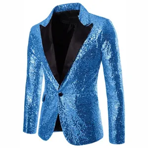 Men's stunning blue sequin blazer party clubwear single button notch lapel suit jacket