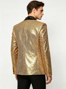 Men's gold sequin blazer jacket view, stylish party wear or dance performance suit outer.