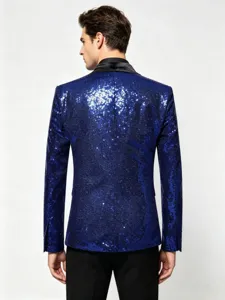 Men's royal blue sequin blazer back detail view, elegant party wear jacket for dancing.