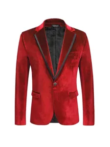 Heren Rode Fluwelen Blazer Met Enkele Knoop Contrast Revers Formele Feest Jasje