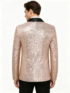 Detail view of the back of a men's sequin blazer with black lapel in a clean studio setting.