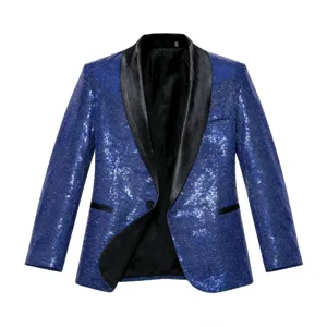 Blue Sequin Blazer Men Black Shawl Lapel Single Button Party Stage Suit Jacket New