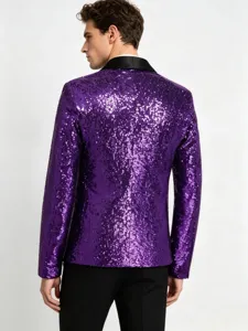 Detailed back view of men purple sequin blazer with black lapel for stylish party wear.
